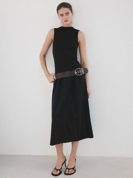 Mango High Neck Drape Midi Dress, Black, Black