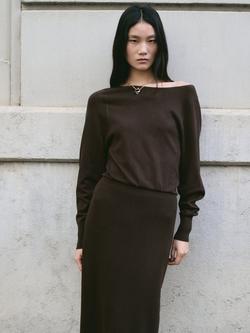 Mango Off Shoulder Knit Midi Dress, Chocolate, Chocolate