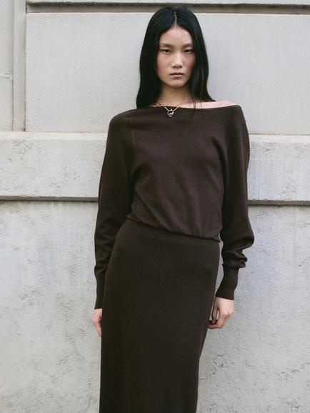 Mango Off Shoulder Knit Midi Dress, Chocolate, Chocolate