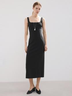 Mango Square Neck Slim Fit Midi Dress, Black, Black