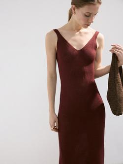 Mango Knit V-Neck Midi Dress, Dark Red, Dark Red