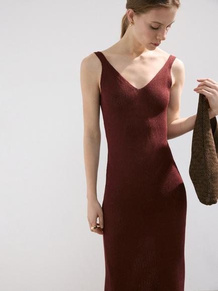 Mango Knit V-Neck Midi Dress, Dark Red, Dark Red
