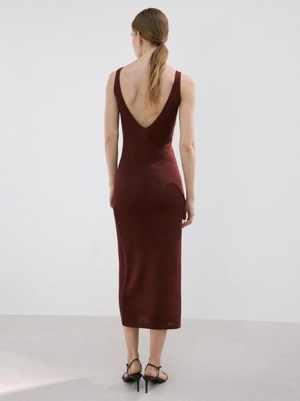 Mango Knit V-Neck Midi Dress, Dark Red - view 2, Dark Red