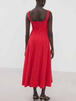 Mango A-Line Embroidered Cotton Midi Dress, Red - view 2, Red