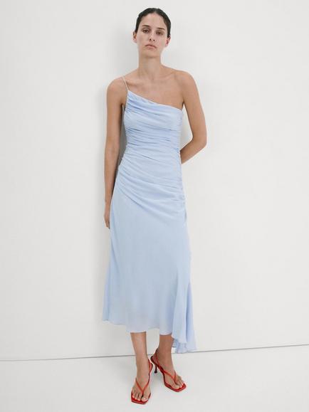 Mango Asymmetric Ruched Bias Cut Maxi Dress, Sky Blue, Sky Blue
