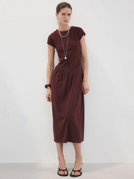 Mango Vestido Asymmetrical Waist Midi Dress, Bordeaux, Bordeaux
