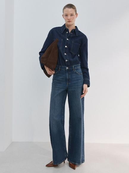 Mango Long Sleeve Denim Shirt Jumpsuit, Dark Denim, Dark Denim