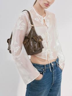Mango Tie Front Embroidered Sheer Top, Off White, Off White