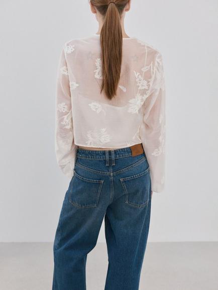 Mango Tie Front Embroidered Sheer Top, Off White - view 2, Off White
