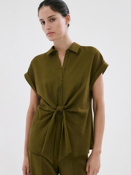 Mango Short Sleeve Tie Front Button Shirt, Green, Green