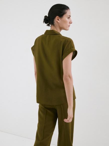 Mango Short Sleeve Tie Front Button Shirt, Green - view 2, Green