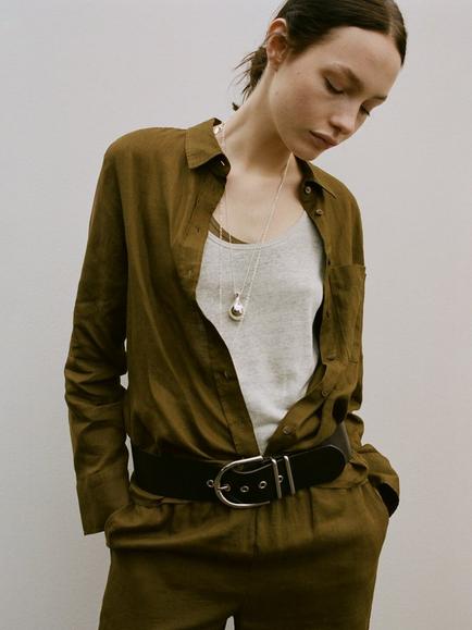 Mango Linen Relaxed Fit Shirt, Olive, Olive