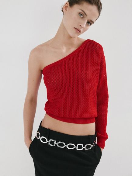 Mango Asymmetrical One-Shoulder Knit Jumper, Red, Red