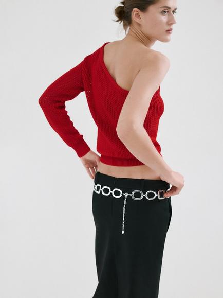 Mango Asymmetrical One-Shoulder Knit Jumper, Red - view 2, Red