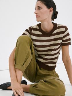 Mango Cropped Striped Knit Crew Top, Chocolate