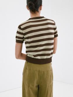 Mango Cropped Striped Knit Crew Top - view 2, Chocolate