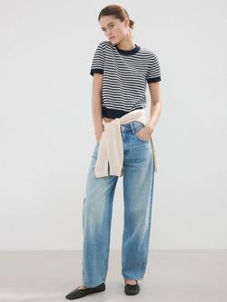 Mango Cropped Striped Knit Crew Top, Navy