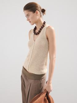 Mango V-Neck Sleeveless Button Front Knitted Vest, Sand
