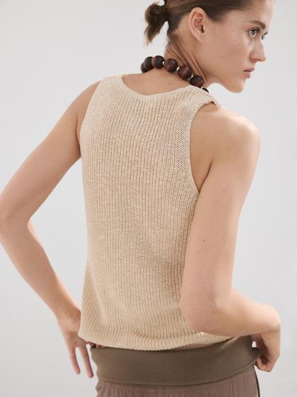 Mango V-Neck Sleeveless Button Front Knitted Vest - view 2, Sand