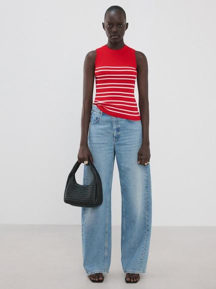 Mango Ribbed Striped Knit Top, Red, Red