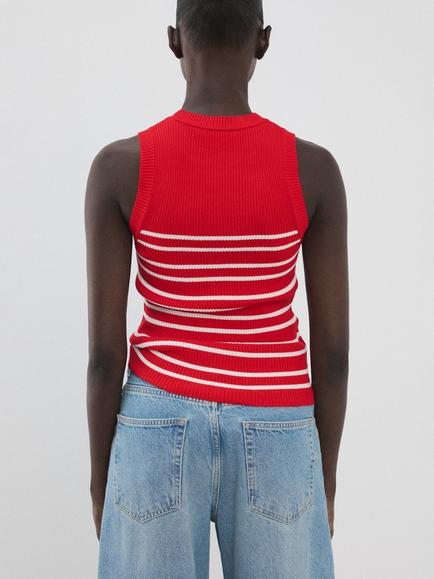 Mango Ribbed Striped Knit Top, Red - view 2, Red