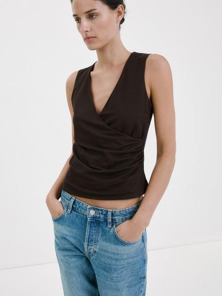 Mango Draped Wrap V-Neck Top, Brown, Brown