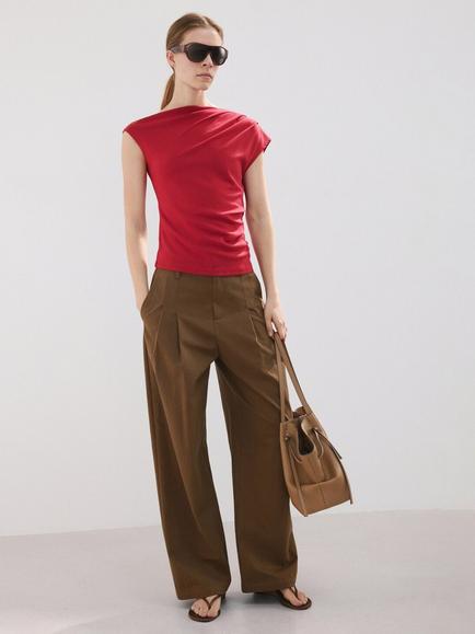 Mango Asymmetric Ruched T-Shirt, Red, Red