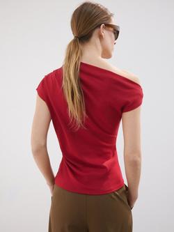 Mango Asymmetric Ruched T-Shirt, Red - view 2, Red