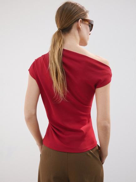 Mango Asymmetric Ruched T-Shirt, Red - view 2, Red