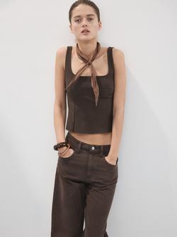 Mango Square Neck Cropped Contoured Camisole, Brown, Brown