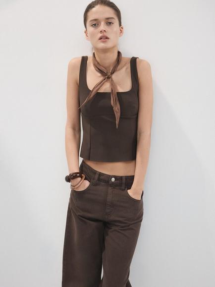 Mango Square Neck Cropped Contoured Camisole, Brown, Brown