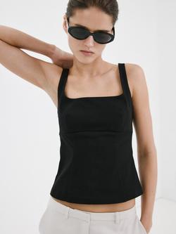 Mango Square Neck Cropped Flared Cami Top, Black, Black