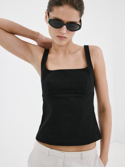 Mango Square Neck Cropped Flared Cami Top, Black, Black
