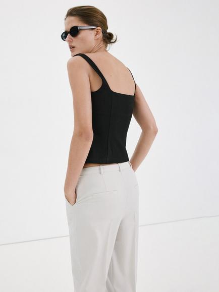 Mango Square Neck Cropped Flared Cami Top, Black - view 2, Black