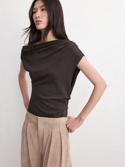 Mango Asymmetric Ruched T-Shirt, Chocolate, Chocolate