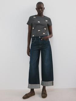Mango Striped Bow Embellished Crew T-Shirt, Navy, Navy