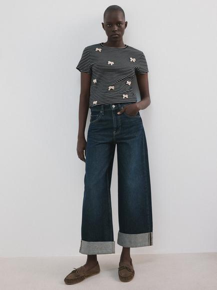 Mango Striped Bow Embellished Crew T-Shirt, Navy, Navy