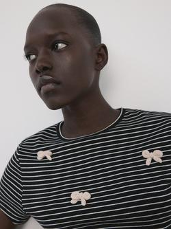 Mango Striped Bow Embellished Crew T-Shirt, Navy - view 2, Navy