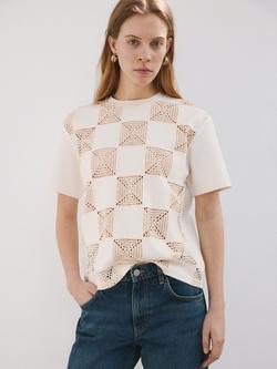 Mango Modern Crochet Panel Crew T-Shirt, Off White, Off White