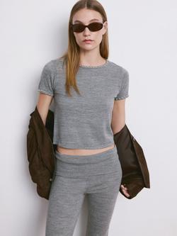 Mango Embellished Neck Crop Top, Mid Grey Melange, Mid Grey Melange