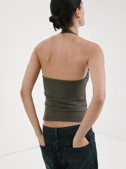 Mango Halter Lace Trim Camisole, Taupe - view 2, Taupe