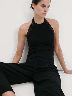 Mango Halter Lace Trim Camisole, Black, Black
