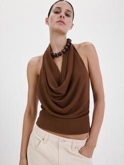 Mango Draped Halter Cowl Top, Brown, Brown