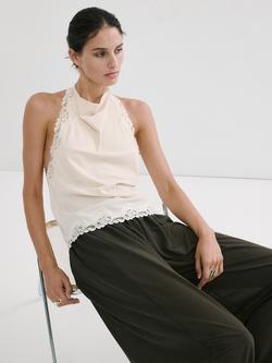 Mango Cowl Halter Lace Trim Camisole, Beige, Beige