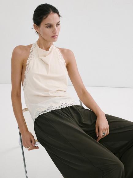 Mango Cowl Halter Lace Trim Camisole, Beige, Beige