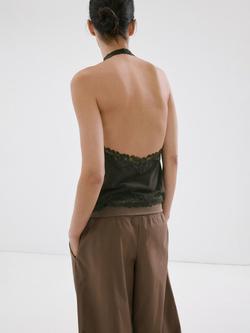 Mango Cowl Halter Lace-Trim Camisole, Khaki - view 2, Khaki