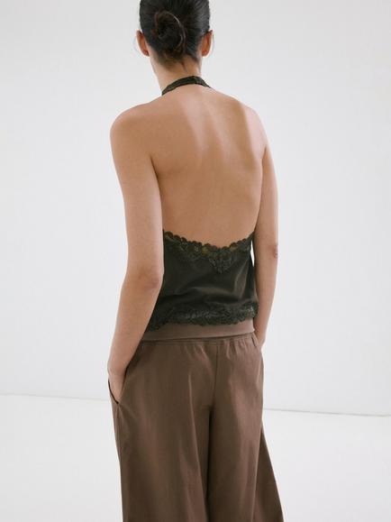 Mango Cowl Halter Lace-Trim Camisole, Khaki - view 2, Khaki