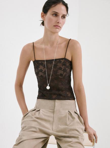 Mango Square Neck Lace Effect Camisole, Khaki, Khaki