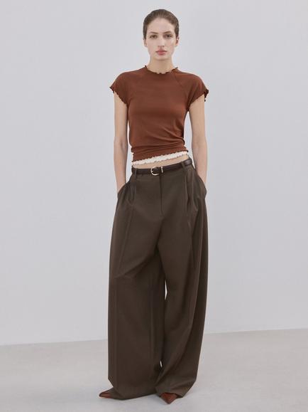 Mango Round Neck Ruffle Trim T-Shirt, Brown, Brown