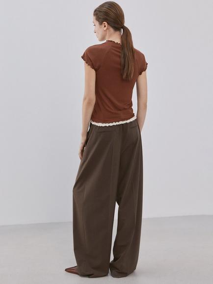 Mango Round Neck Ruffle Trim T-Shirt, Brown - view 2, Brown